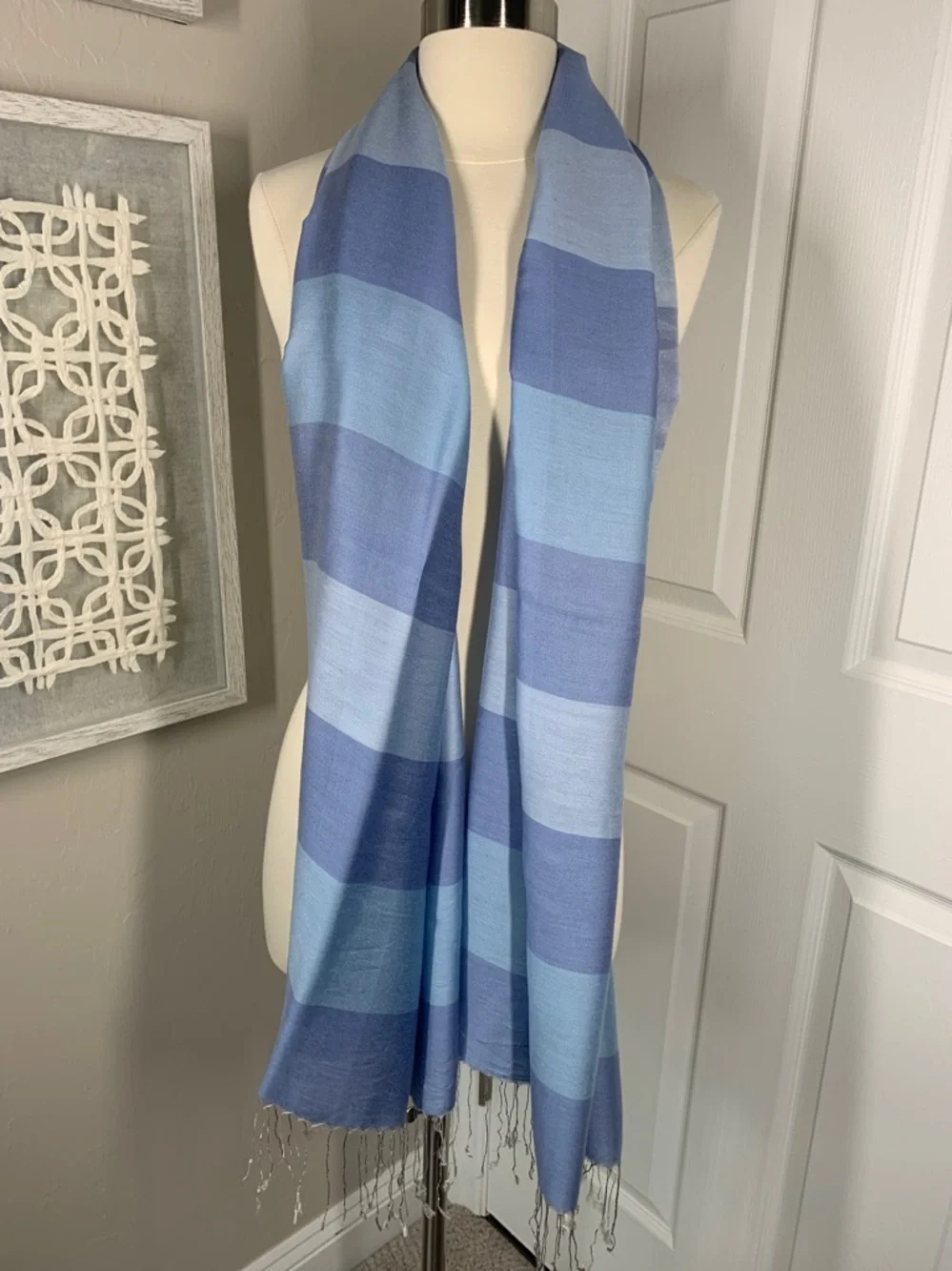 Two tone blue striped scarf silk